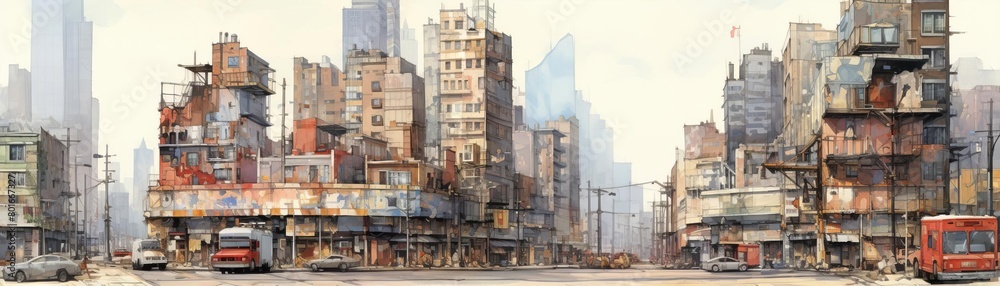 Aquarelle painting of a busy street in Kowloon, Hong Kong