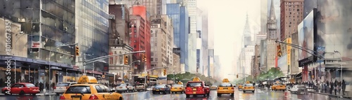 New York City street scene with yellow taxis  watercolor painting.