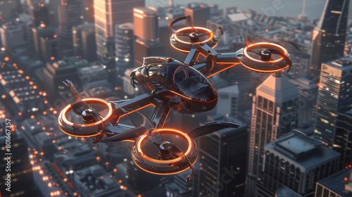 A sleek black drone flies over a futuristic city at sunset photo