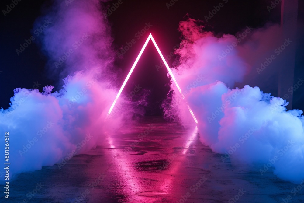 Blue and pink neon arch, triangle portal, circles frame with swirling smoke on floor, blue fog on the floor with black background