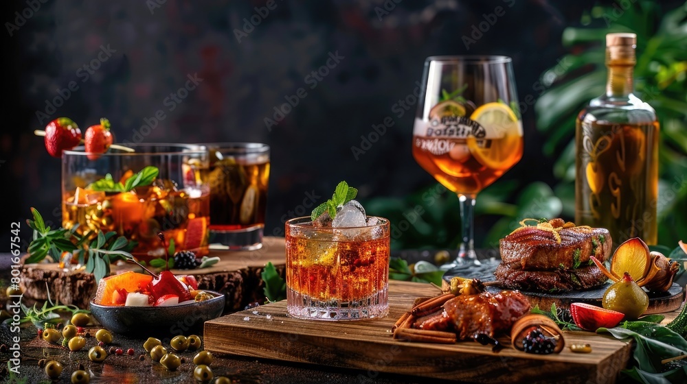 A vibrant image of a whisky-themed culinary event, with a selection of whisky-infused dishes and cocktails artfully presented.