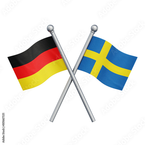 Crossed flags of Germany and Sweden isolated on transparent background. 3D rendering