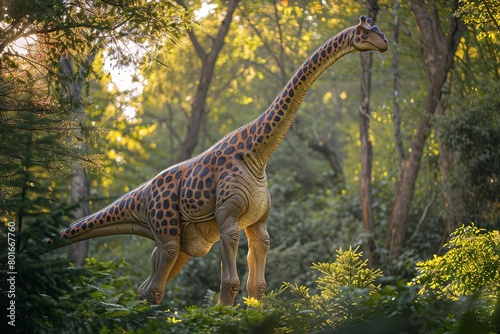 Capture the grace and elegance of a Brachiosaurus as it stretches its long neck to reach high into the treetops for nourishment © Roberto
