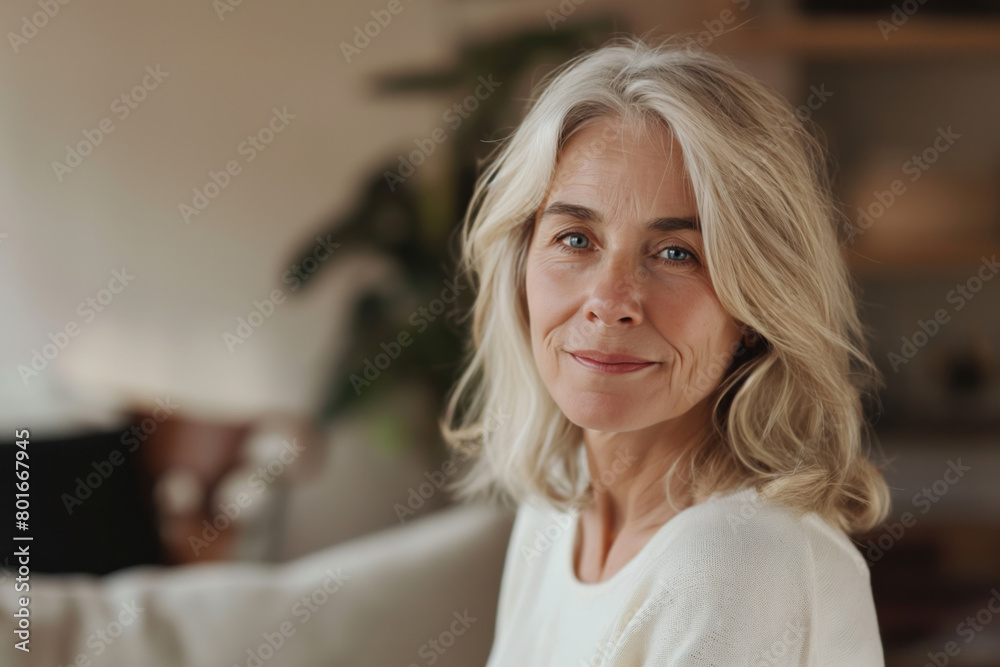 Portrait of an elegant mature woman with a warm, gentle smile, exuding confidence and tranquility in a softly lit home environment