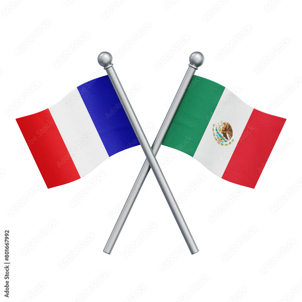 Crossed flags of France and Mexico isolated on transparent background. 3D rendering Crossed flags of France and Mexico isolated on transparent background. 3D rendering