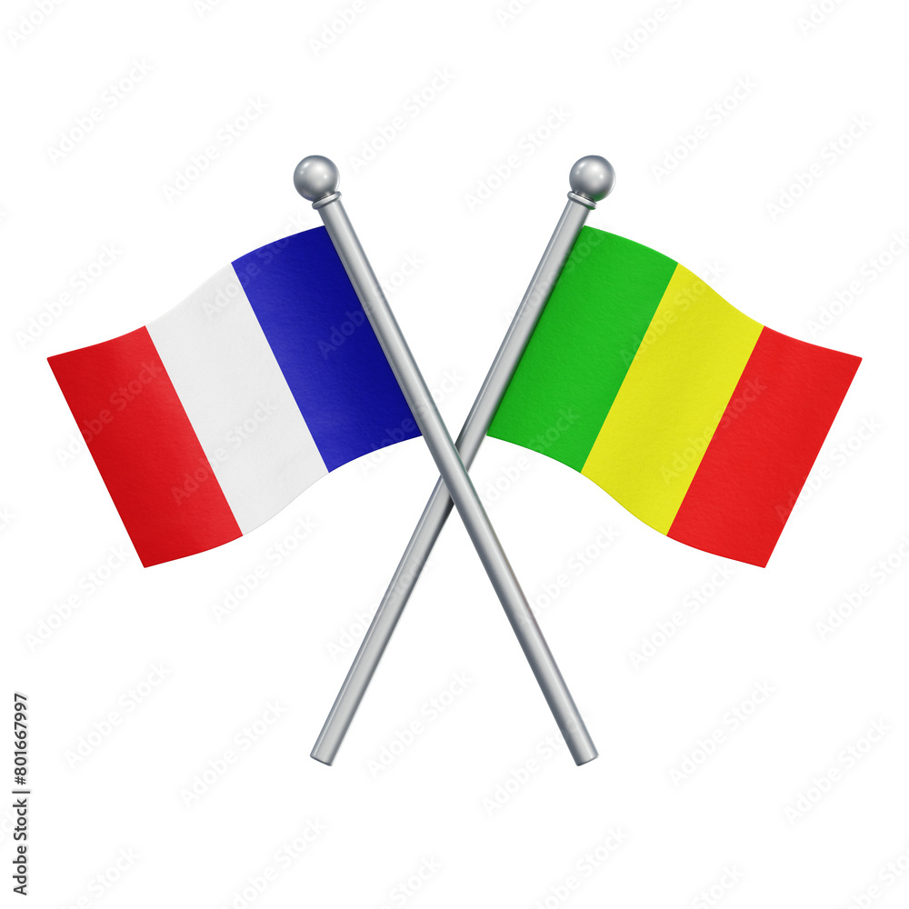 Crossed flags of France and Mali isolated on transparent background. 3D rendering Crossed flags of France and Mali isolated on transparent background. 3D rendering