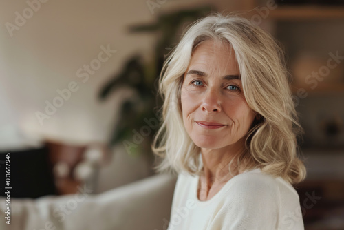 Portrait of an elegant mature woman with a warm, gentle smile, exuding confidence and tranquility in a softly lit home environment