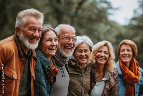 Group of senior friends walking in the park. They are laughing.