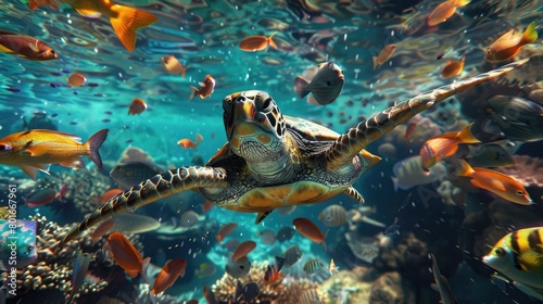 A vibrant image of a turtle swimming through a school of tropical fish  with the vibrant colors and patterns creating a mesmerizing underwater scene on World Turtle Day.
