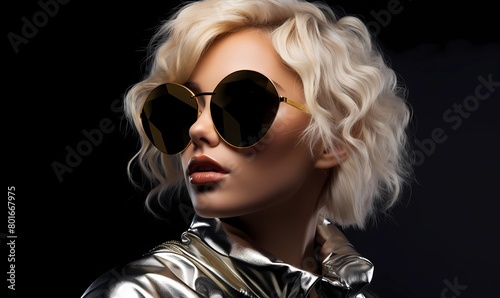 Futuristic fashion: a stylish woman embodies the essence of edm and techno music genres in this perfect cover art image, featuring reflective sunglasses and metallic clothing