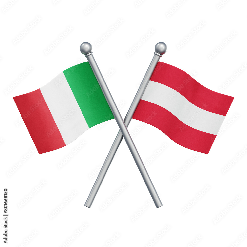 Crossed flags of Italy and Austria isolated on transparent background. 3D rendering Crossed flags of Italy and Austria isolated on transparent background. 3D rendering
