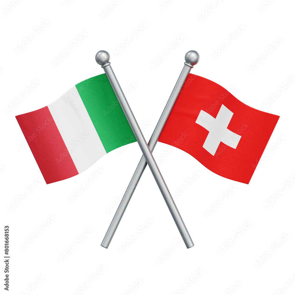 Crossed flags of Italy and Switzerland isolated on transparent background. 3D rendering