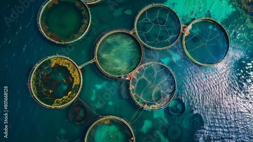 Panoramic Aerial View of Circular Fish Farms