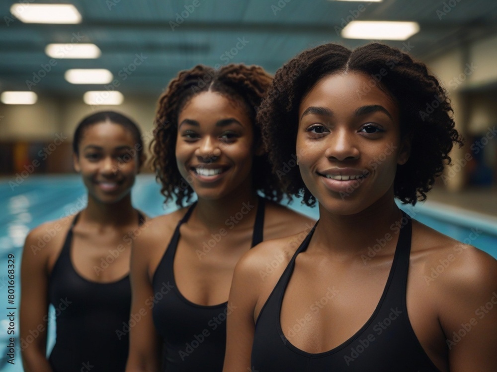 Group of professional african american swimmer women portrait in indoor olympic pool