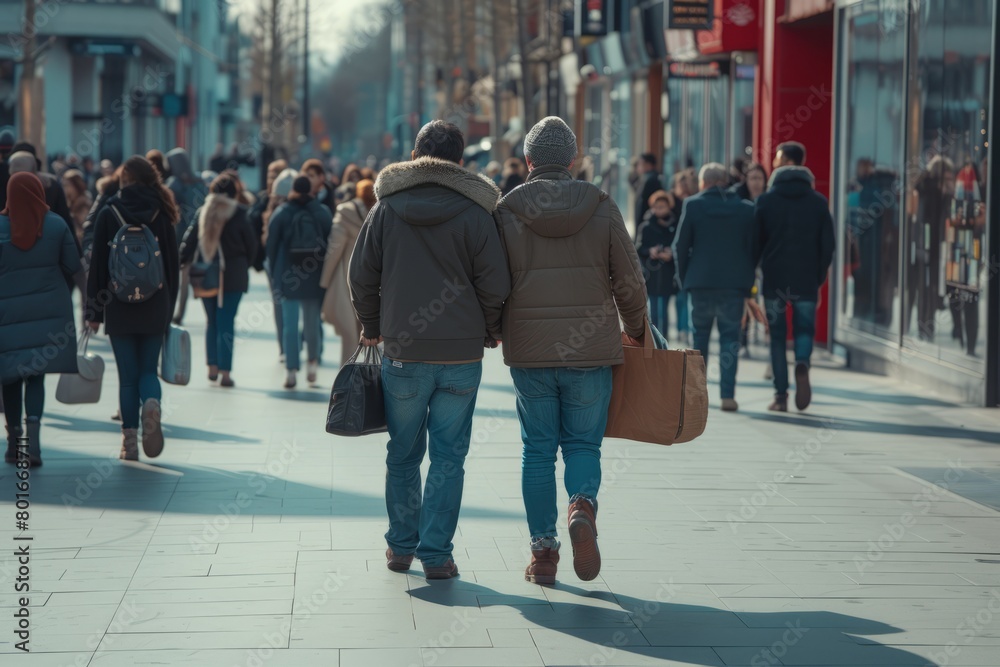 Back view of a young couple walking on the street in winter. Back view of a young couple walking on the street in winter.