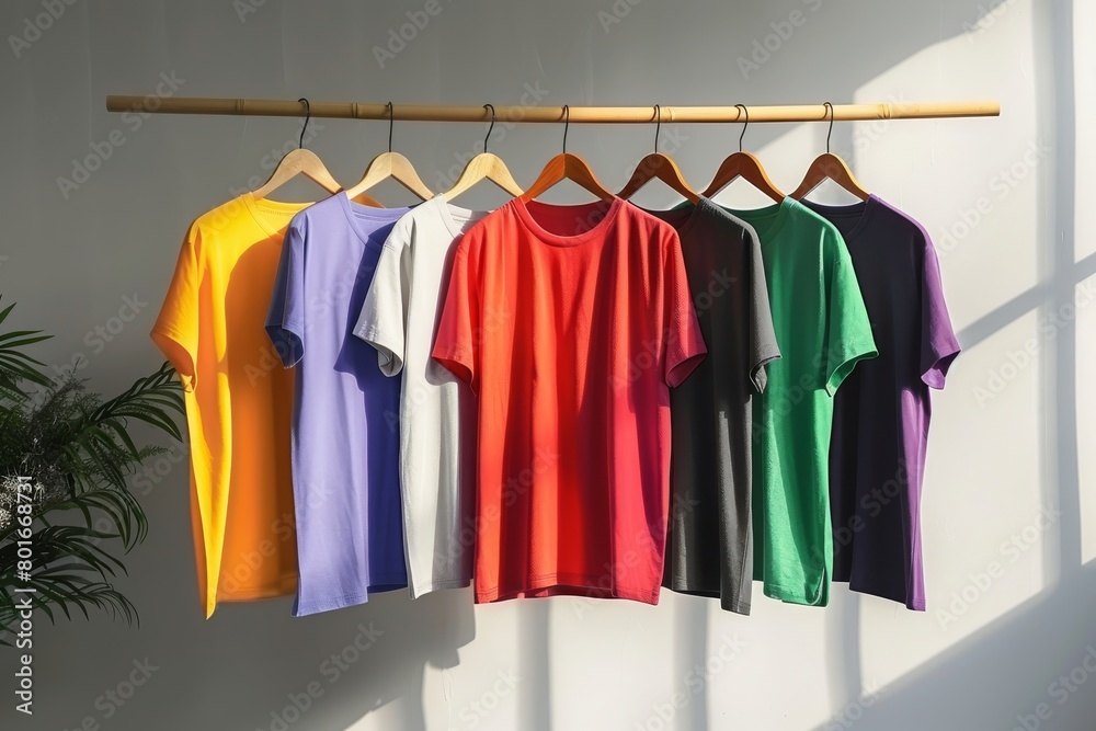 Fototapeta premium Photo of t-shirts hanging on wooden hangers in front of a white wall, showcasing the variety and color range for different styles of . The shirt is flat with no wrinkles or creases