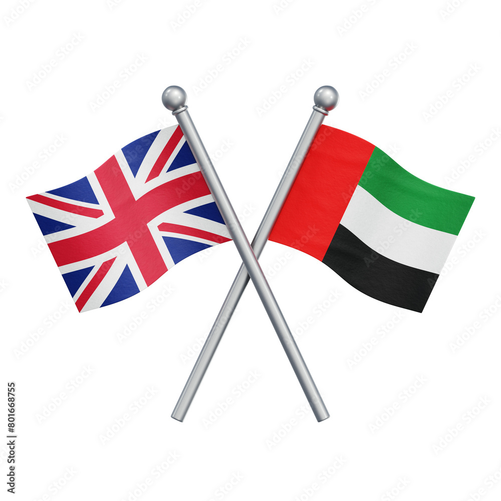 Crossed flags of the United Kingdom and the United Arab Emirates isolated on transparent background. 3D rendering