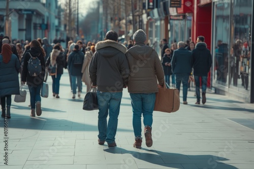 Back view of a young couple walking on the street in winter.