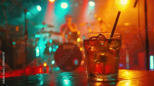 A vibrant image of a whisky-themed music event, with a live performance and a selection of whisky-based cocktails.