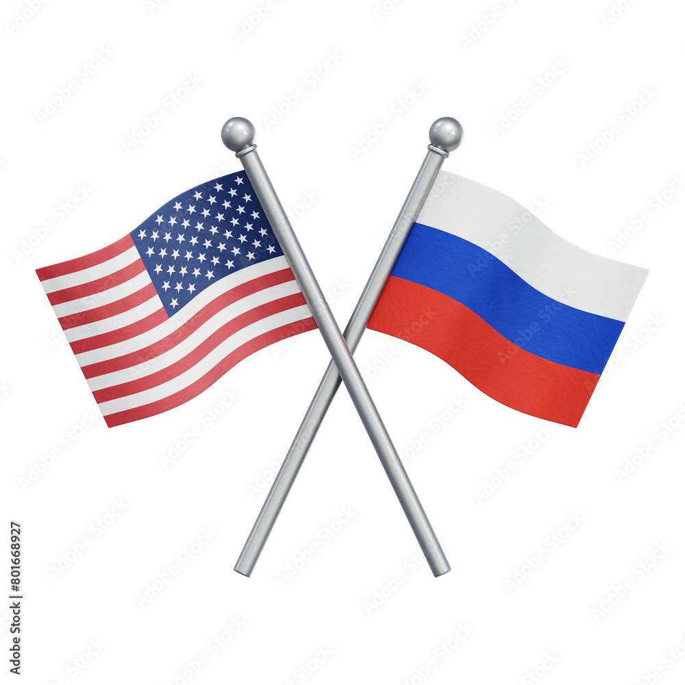 Crossed flags of the United States and Russia isolated on transparent background. 3D rendering Crossed flags of the United States and Russia isolated on transparent background. 3D rendering