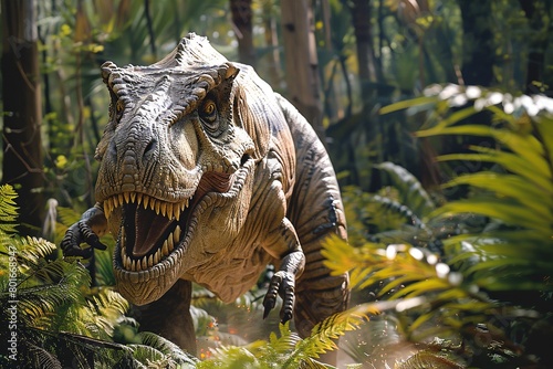 A professional photo depicts the Tyrannosaurus Rex dinosaur in its natural habitat  roaming majestically through a prehistoric jungle filled with ancient ferns and towering trees.