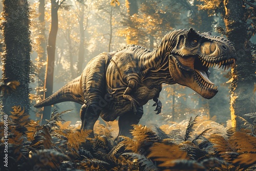 A professional photo depicts the Tyrannosaurus Rex dinosaur in its natural habitat  roaming majestically through a prehistoric jungle filled with ancient ferns and towering trees.