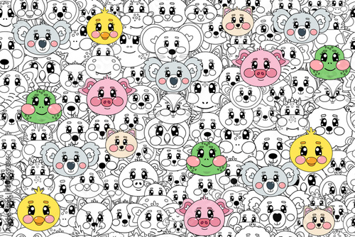 Outline animals seamless pattern with cute head, face on white isolated background. Kids, baby doodle graphic line drawing design. Kawaii zoo, wild animals vector illustration, coloring page
