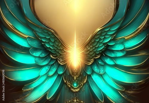 Angelic abstract motif in emerald and gold color. Background colors with healing emerald and Archangel Raphael wings.