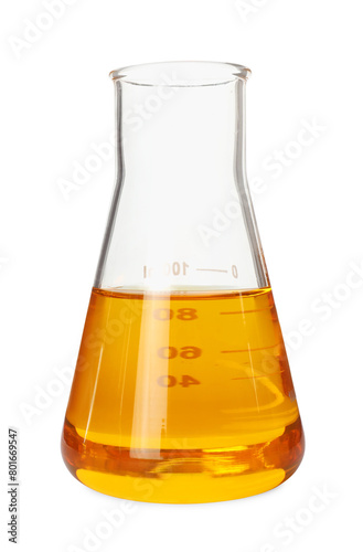 Flask with orange crude oil isolated on white