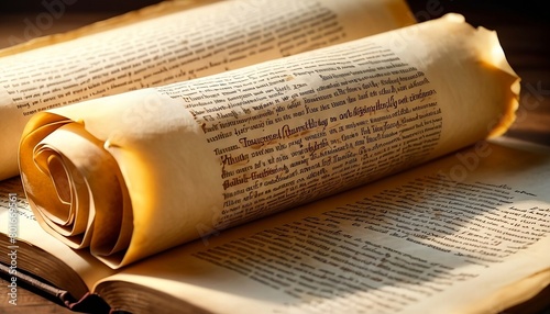 Glowing open scroll parchment revealing the book of the Bible. Book of Philippians. Joy, partnership, humility, encouragement, contentment, Christ-likeness, perseverance, thanksgiving generative ai