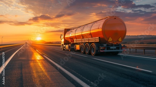 A chemical tanker truck travels on a highway during a vibrant sunset, illustrating logistics and transportation of hazardous materials in a scenic environment.