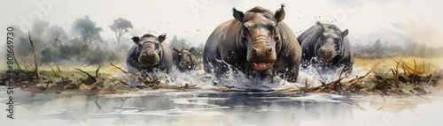 A group of rhinoceroses running through a river. The animals are in the middle of the river.