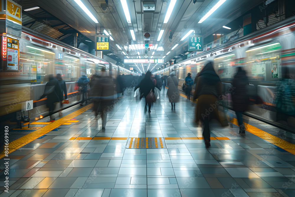 Blurred motion of people in a subway station