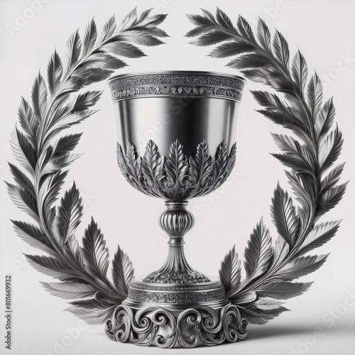Elegant Silver Trophy Cup Encircled by Intricate Laurel Wreath on a White Background