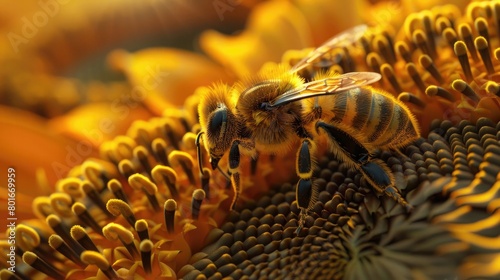 An enchanting image of a bee exploring the intricate patterns of a sunflower, demonstrating the precision and purposefulness of these tiny pollinators on World Bee Day.
