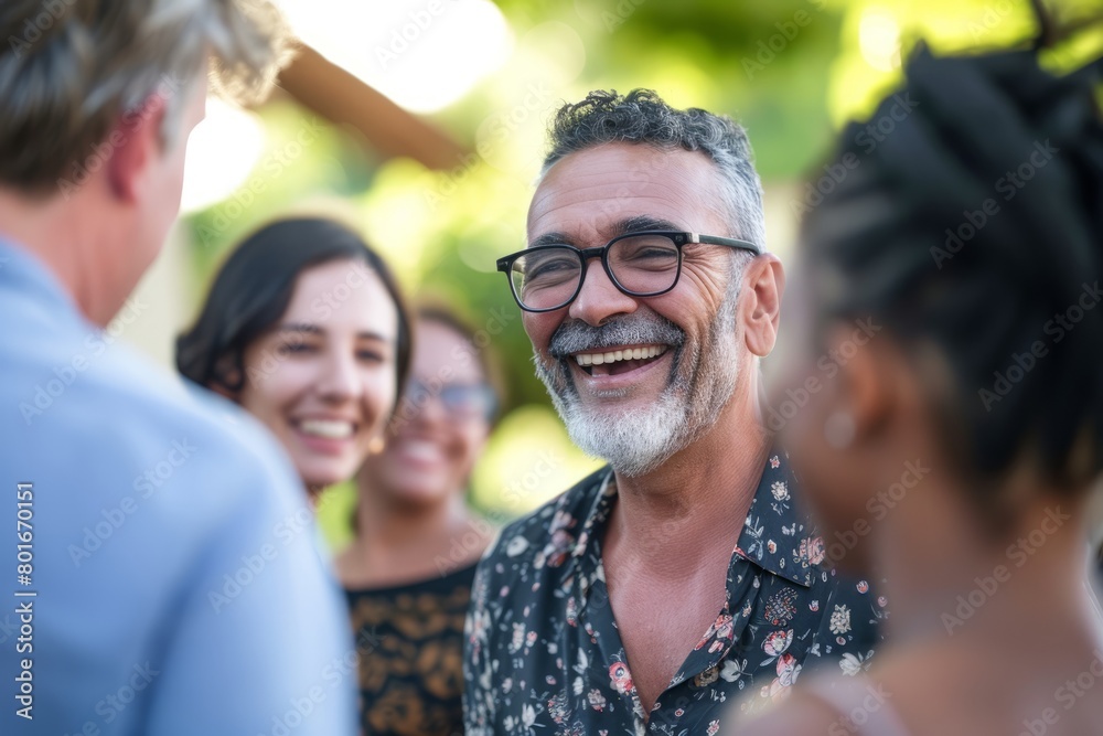 Group of diverse friends having fun together. Cheerful senior man in eyeglasses smiling and looking at camera.