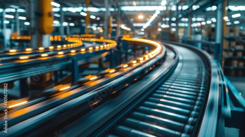 Capturing the speed of conveyor belts in a factory with a motion blur effect, emphasizing the rapid movement and high productivity in modern manufacturing.
