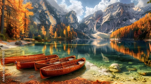 Magical autumn landscape with boats on the lake on Fanes-Sennes-Braies natural park in the Dolomites in South Tyrol, Alps, Italy. (mental vacation, holiday, inner peace, harmony - concept)
