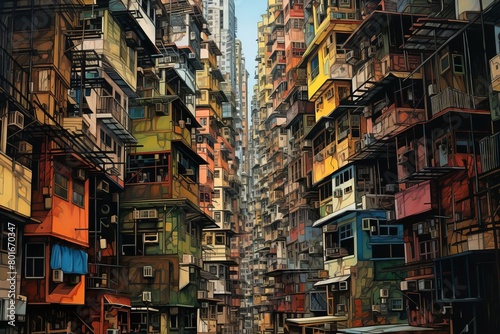 A densely packed city with tall buildings and narrow streets