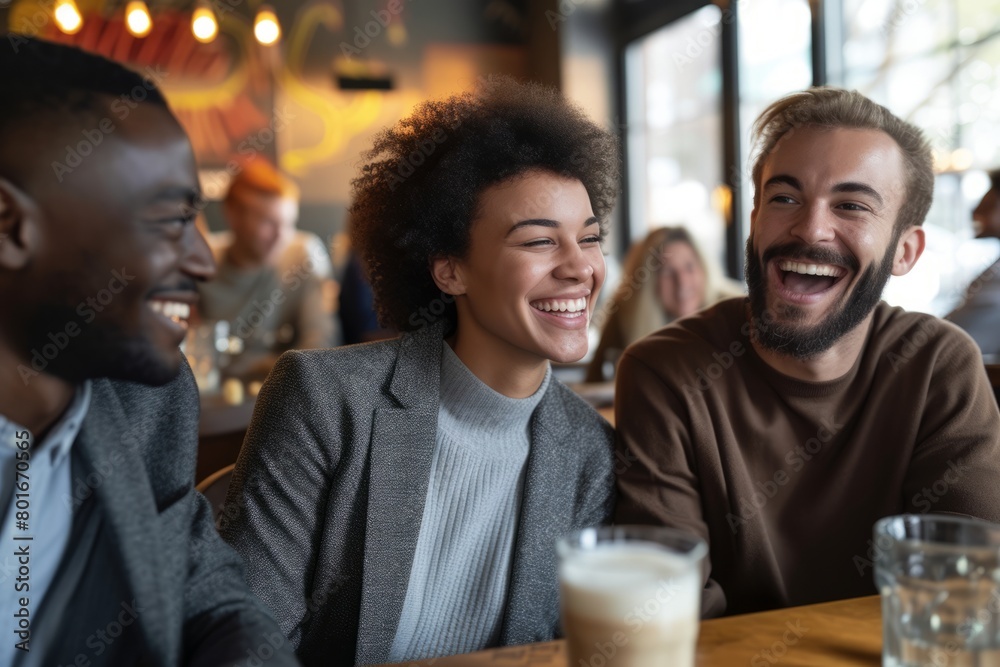 Cheerful african american man and woman sitting in cafe and laughing