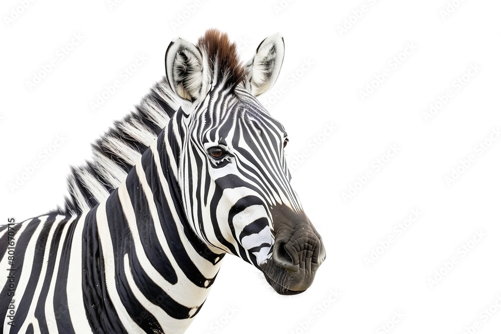 Noble portrayal of a zebra standing against a white background Noble portrayal of a zebra standing against a white background