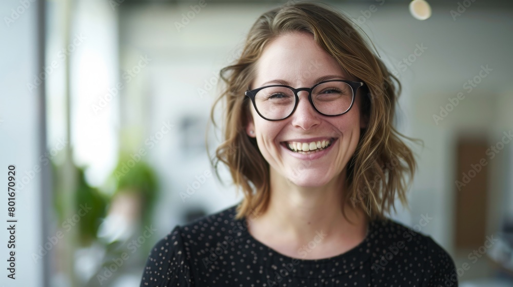 Vibrant portrait of a joyful young woman in an office setting, her smile exuding happiness and positivity, with stylish glasses and a contemporary professional look. Vibrant portrait of a joyful young woman in an office setting, her smile exuding happiness and positivity, with stylish glasses and a contemporary professional look.