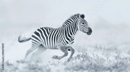 A zebra is running through the snow photo