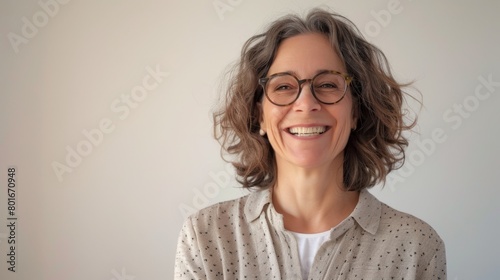 A portrait of a joyful mature woman with grey curly hair and glasses, smiling warmly against a soft neutral background, radiating happiness and contentment. photo