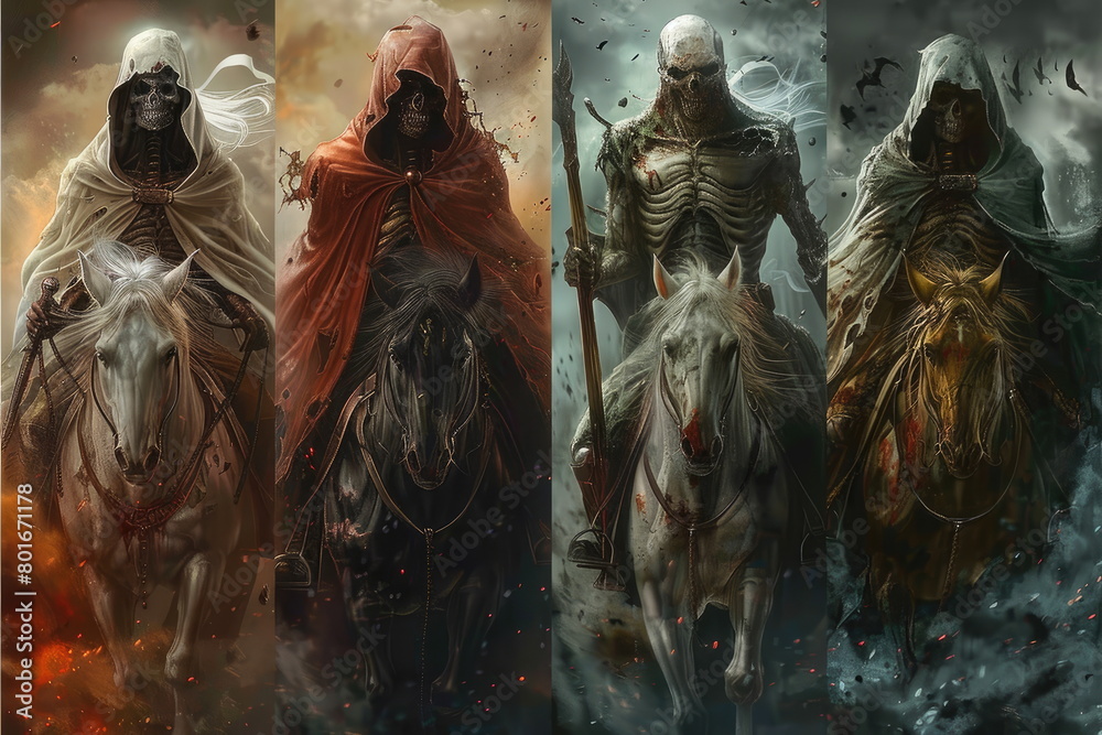Apocalyptic quartet: 4 horsemen of the apocalypse - the mythical figures symbolizing conquest, war, famine, and death, heralding cataclysmic events.