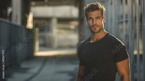 An assertive and attractive young man poses in a city environment  radiating confidence with a modern urban backdrop.