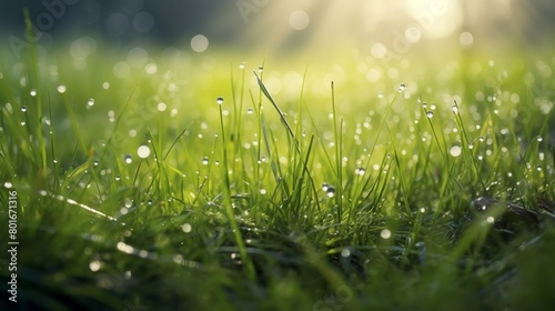 Fresh green grass with dew drops closeup. Nature background.