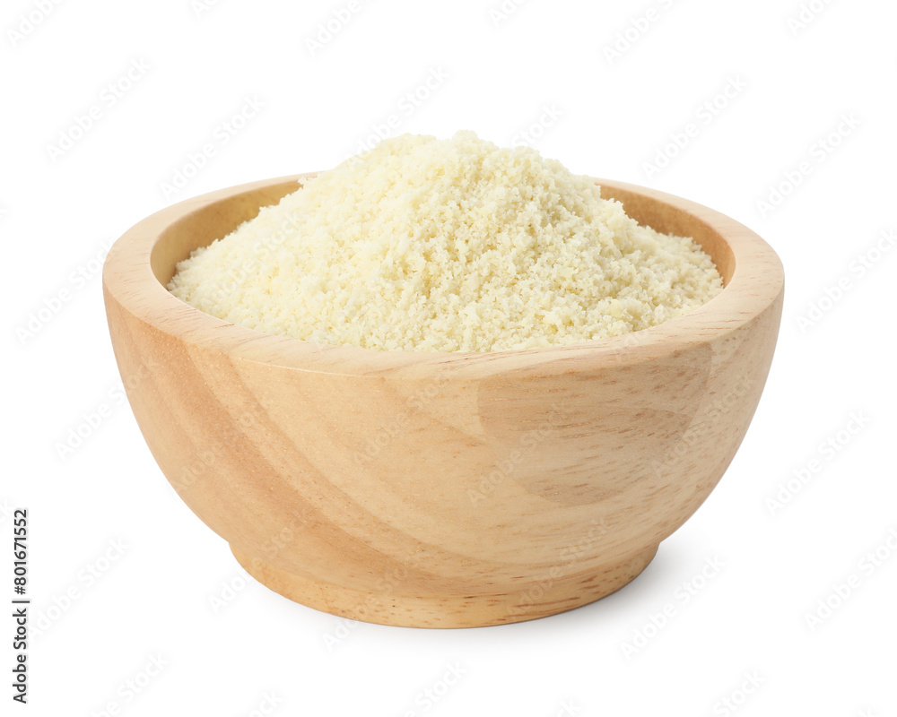 Fresh almond flour in bowl isolated on white