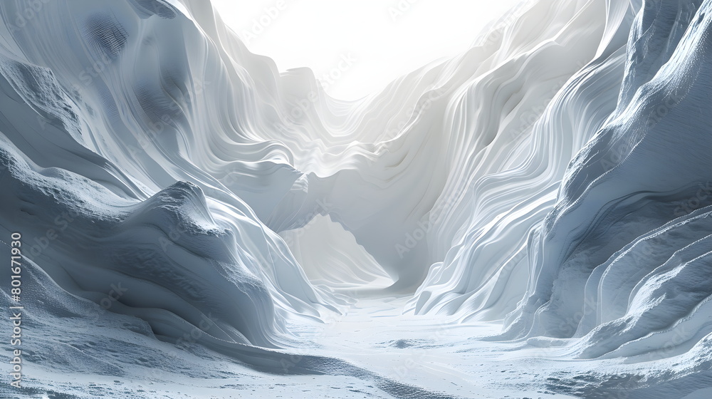 3D rendering of an abstract light white landscape background with white rocky mountains in the middle of the frozen Arctic, cave entrance, large arch. Ice Mountain. White cold terrain, background imag 3D rendering of an abstract light white landscape background with white rocky mountains in the middle of the frozen Arctic, cave entrance, large arch. Ice Mountain. White cold terrain, background imag