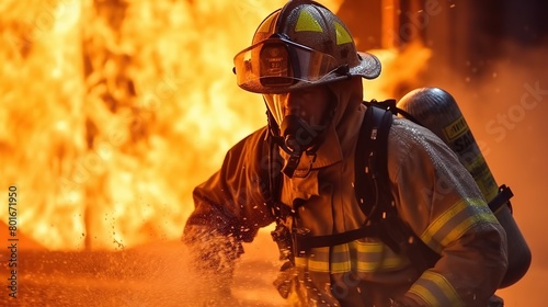Firefighter works in burning building fireman on flame background Generative AI